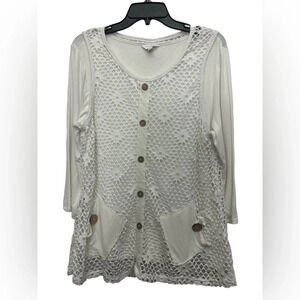 Coral Bay Lagenlook Top White Fishnet 3/4 Sleeve Tee Size XL